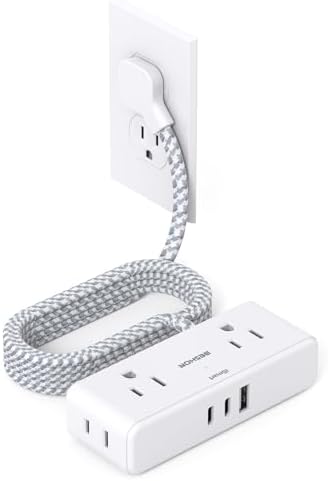 BESHON 10 ft Flat Plug Extension Cord with 4 Wide Outlets & 3 USB Ports (2 USB-C) – Versatile Power Strip for Home, Office & Dorm – Space-Saving Design with Surge Protection & Fast Charging Capabilities