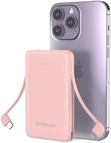 Ultra-Slim 6000 m Ah Portable Charger with Built-in Cables – Lightweight Fast Charging Power Bank for i Phone, Samsung, and Android Devices – Perfect Travel Companion for On-the-Go Power Solutions