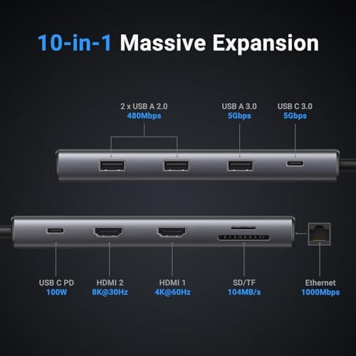 UGREEN Revodok Pro 210 – 10-in-1 USB C Docking Station with Dual HDMI 4 K@60 Hz & 8 K@30 Hz Output | High-Speed 100 W PD, 5 Gbps USB Ports, Gigabit Ethernet & SD/TF Reader | Ultimate Connectivity Hub for HP & Dell Laptops | Enhance Your Workspace Efficiency