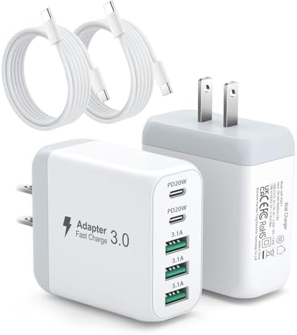 Ultra-Fast 50 W USB-C Multiport Charger – Dual Pack with 10 ft Cable – 5-Port Power Hub for i Phone 16, Galaxy & i Pad – PD 3.0 Technology for Rapid Home & Travel Charging – Compact, Heavy-Duty Power Adapter for All Devices