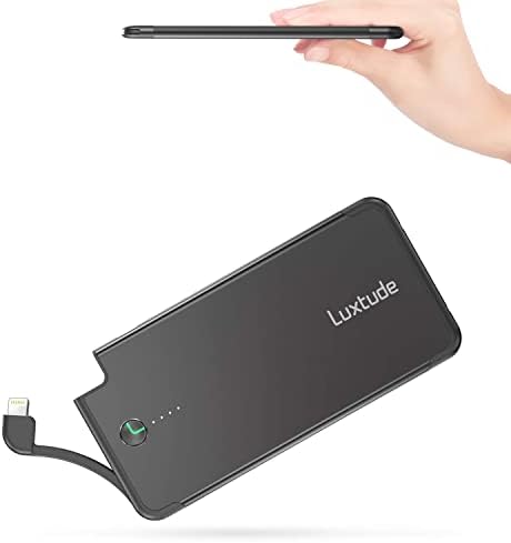 Ultra-Slim Luxtude Portable Charger with Built-in MFi Lightning Cable – 5000 m Ah Power Bank for i Phone 14, 13, 12, 11, 10 | Sleek Metal Black Design for Effortless Charging On-the-Go | Lightweight and Durable Phone Battery Pack for Everyday Use
