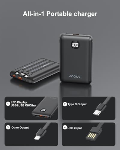 Compact ANOUV 10000 m Ah Portable Charger with Built-In Cable – Lightweight Mini Power Bank for Seamless On-the-Go Charging with LED Display, Compatible with i Phone 16/15/14/13, Samsung S22/S21, i Pad, and Android Devices – Essential Travel Power Bank for Fast, Efficient Charging