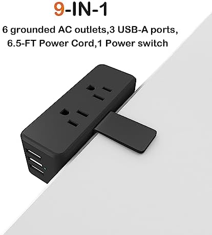 Elevate Your Workspace with the Meeoueoiu Compact Desk Edge Clamp Power Strip: 6 AC Outlets & 3 USB-A Ports for Seamless Charging, Perfect for 2.4″ Tabletops – 6.56 ft Extension Cord, Sleek Black Design for Home & Office Efficiency
