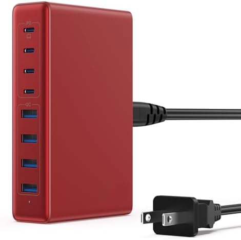 200 W Ga N IV USB-C Charging Hub: 8-Port Fast Charging Station with PD 65 W for Laptops, i Phones, i Pads, and Steam Deck – Compact & Efficient Power Adapter in Striking Red for Ultimate Device Versatility