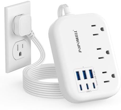 Compact 6-Port USB Power Strip with 3 AC Outlets and 6 USB Charging Ports for Ultimate Travel Convenience – 24 W/4.8 A Power Delivery, 3 FT Extension Cord, Slim Flat Plug Ideal for Cruise Ships, Offices, Dorms, and i Phone 15 Compatibility – Essential Multi-Port Charger for Efficient Device Charging
