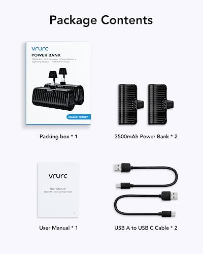 VRURC Mini Portable Charger Duo – Compact 3500 m Ah Power Bank Set with Built-in Cable for i Phone 14/13/12/11/X/8/7/Pro/Max & Air Pods Pro – Lightweight, Sleek Black Design for Effortless On-the-Go Charging & Enhanced Compatibility