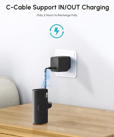 5000 m Ah Ultra-Compact Fast Charging Power Bank with Integrated USB-C Cable for i Phone, Apple Watch & Samsung – Sleek Black Portable Mini Charger for Effortless On-the-Go Energy Solutions