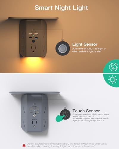 Revolutionary Wall Outlet Extender with Integrated Shelf & Adjustable Night Light – 5 USB Ports Including Rapid USB-C Charging, Surge Protection, and Compact Design for Enhanced Organization and Efficiency