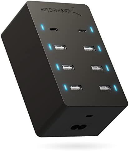 SABRENT 100 W 8-Port USB Charging Hub – High-Efficiency Family Charger with Dual Power Delivery for Rapid Device Recharging – UL Certified Safety Features for Universal Device Compatibility