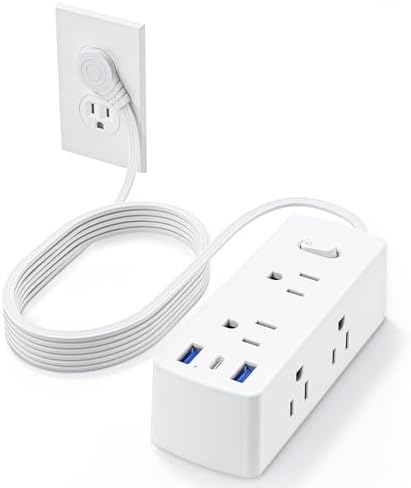 Olcorife Slim Profile Flat Extension Cord Power Strip with 6 Versatile Outlets and 3 Fast-Charging USB Ports, 2000 Joules Surge Protection, 5 FT Space-Saving Cord for Organized Power Solutions in Tight Spaces and Modern Environments