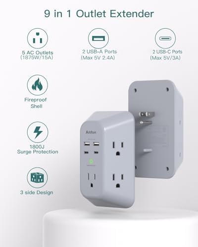 Addtam 5-Outlet Surge Protector with 4 USB Fast Charging Ports – Versatile Outlet Extender Power Strip for Home and Dorm Room Use, Enhanced Safety Features with Built-in Surge Protection, Compact Design for Easy Travel and Maximum Device Compatibility