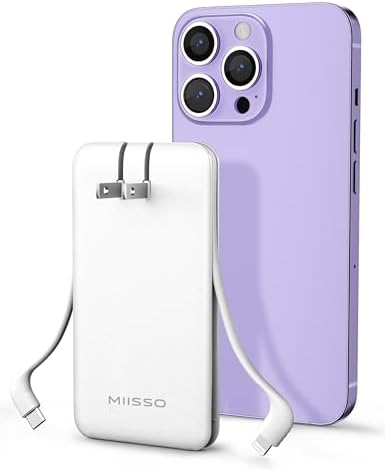 miisso Ultra Slim 10000 m Ah Portable Power Bank with Built-in Cables and Foldable Wall Plug – Compact USB-C Charger for i Phone, Samsung, i Pad & More – Perfect Travel Companion for On-the-Go Charging Efficiency