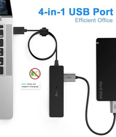Ultra-Slim 4-Port USB 3.0 Hub with 2 ft Extended Cable – High-Speed Data Transfer for Mac Books, PCs, and More – Compact USB Expander for Enhanced Connectivity, Ideal for On-the-Go Professionals and Home Offices