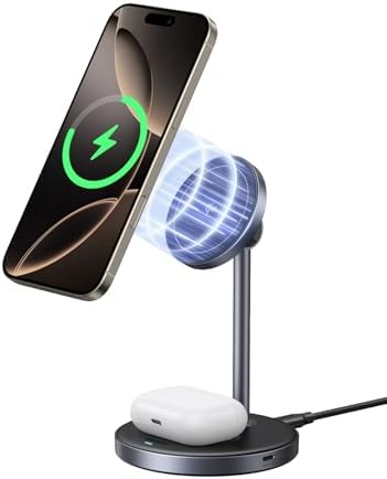 UGREEN Qi2 Certified 15 W Magnetic Wireless Charging Stand – 2-in-1 Fast Charging Station for i Phone 16, 15, 14, 13, 12 & Air Pods – Mag Safe-Compatible with 3 FT USB-C Cable for Effortless Power and Enhanced Organization