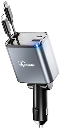 Ultimate Retractable Car Charger PT-27: 4-in-1 Fast Charging Adapter with Dual USB Ports & 31.5-Inch Cables for i Phone & Samsung – Compact, Tangle-Free Power Solution for On-the-Go Connectivity