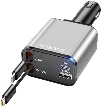 2025 Ultra-Compact 4-in-1 Retractable Car Charger – 69 W Fast Charging Adapter for i Phone 16, Galaxy and More – Innovative Space-Saving Design with Multiple Ports for Simultaneous Device Powering – Essential Car Accessory for Daily Commutes and Road Trips