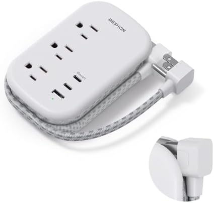BESHON Ultra Flat USB C Travel Power Strip – Versatile 3 AC Outlets & 3 USB Ports (2 USB-C) with 3.2 ft Tangle-Free Extension Cord for Seamless Charging on Cruise Ships & Travel – Essential Compact Power Solution in Grey for On-the-Go Connectivity and Device Protection