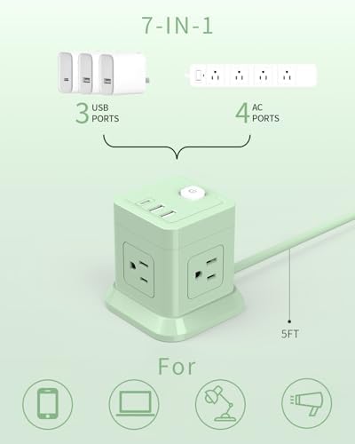 FDTEK Cube Power Strip with 4 Spacious Outlets & 3 USB Ports (1 USB-C) – Compact Green Power Solution for Home, Office, and Travel – Ultimate Surge Protection & Fast Charging Convenience