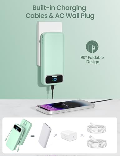 12000 m Ah Ultra-Light Portable Power Bank with Built-In Cables & AC Wall Plug – PD20 W USB-C Fast Charging for i Phone, Samsung & Android – LED Display for Battery Monitoring – Ultimate Travel Companion for Quick Device Recharging