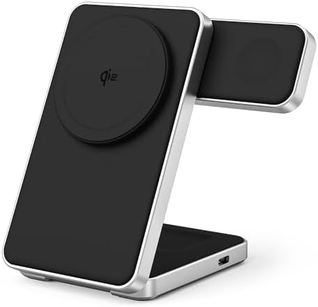Experience Unmatched Versatility with the QI2 Certified 15 W Aluminum Liquid Silicone 3-in-1 Wireless Charger – Foldable Design for i Phone 16 Pro Max, i Phone 15, Apple Watch Ultra 2, and Air Pods Pro – Fast Charging, Mag Safe Compatible, Portable Charging Stand in Elegant Black – Ultimate Charging Solution for Home and Travel