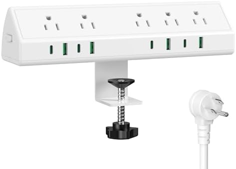 Maximize Efficiency with the 45 W Desk Clamp Charging Station – 4 PD USB-C Ports & 5 AC Outlets, ETL Listed Surge Protector for Ultimate Device Protection, 14 AWG Heavy-Duty Cord, Secure Fit for 1.9″ Tabletops (Black, 6 FT Cable) – Your All-in-One Power Solution for Home and Office