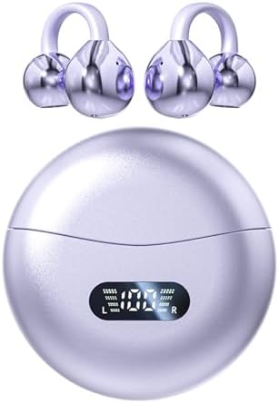 Open Ear Bluetooth 5.4 Clip-On Earbuds – Ultra-Lightweight & Waterproof Headphones with 60-Hour Battery Life for Active Lifestyles – Stylish Purple Design for Glasses Wearers & All-Day Comfort