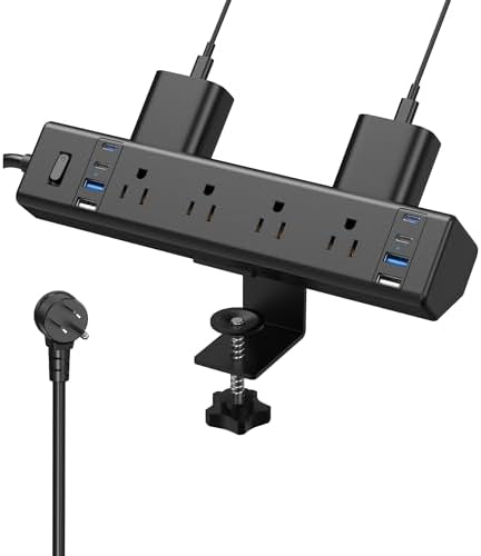 40 W High-Speed Desk Clamp Power Strip with 4 USB-C Ports & 8 AC Outlets – Efficient Surge Protector for Home Office – 14 AWG Heavy Duty Cord, Fits 1.9″ Tabletop Edges, 6 Ft Cable for Maximum Flexibility and Enhanced Device Compatibility