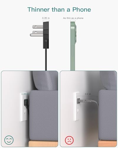 Ultra-Thin Flat Plug Power Strip with 12 AC Outlets – Addtam 5-Ft Surge Protector for Desk and Wall Mount – Multi-Device Charging Station for Home and Office – 1050 Joules Protection, Space-Saving Design for Tidy Workspaces and Enhanced Connectivity