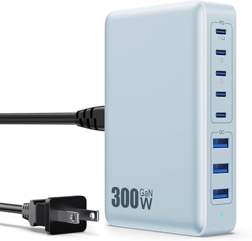High-Power 300 W USB C Charging Hub – 8-Port Ga N III Fast Charger for Mac Book Pro, Dell, i Phone 16/15/14, Galaxy S23/22 – Ultimate Multi-Device Charging Station for Home and Travel with PD Compatibility