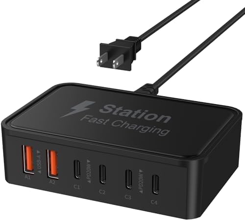 High-Power 100 W USB-C Fast Charging Hub with 6 Ports & 5 ft Cord – Advanced Ga N Technology for Rapid Multi-Device Charging, Compatible with i Phone 16/15/14/13/12 Pro Max, i Pad, Samsung Galaxy, and Google Pixel – Ideal Travel Charger for Efficient Power Management