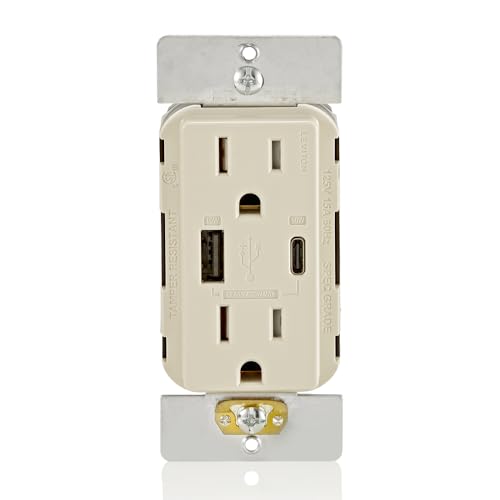 Leviton 60 W Dual USB Type A/Type-C In-Wall Charger – Fast, Efficient Power Delivery Solution for Smartphones, Tablets & Laptops – Tamper-Resistant Outlet in Light Almond for Safe, Clutter-Free Charging Experience – Perfect for Home and Office Use