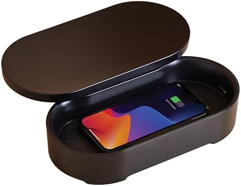 Lexon OBLIO Box: 360° UV-C Phone Sanitizer & Wireless Charger – Fast Qi Charging for Phones, Glasses, Keys, Makeup Brushes – Sleek Black Design for Modern Hygiene and Efficiency