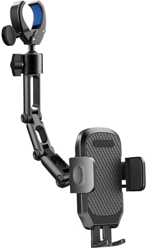 Premium Aluminum Alloy Rear View Mirror Smartphone Holder – Versatile Multi-Angle Adjustment and Rotatable Car Mount for 4-7 Inch Devices – Elevate Driving Safety and Accessibility with Stylish Black Finish for i Phone and Android Users