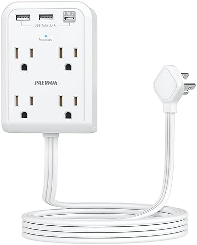 Maximize Power Efficiency with 6 ft Flat Electrical Outlet Extender – 4 Outlets & 3 USB-C Ports, Space-Saving Surge Protector for Home & Office, Rapid Device Charging Power Hub, Sleek White Design