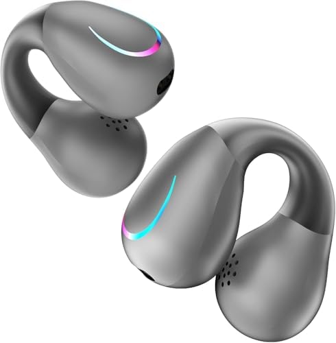 Open Ear Clip-On Bluetooth 5.3 Headphones – Advanced Bone Conduction Wireless Earbuds with IPX7 Waterproofing and Digital Display Charging Case – Ultra-Lightweight Fitness Earphones for Enhanced Outdoor Performance and Safety Awareness – Built-in Microphone for Clear Calls and Seamless Connectivity