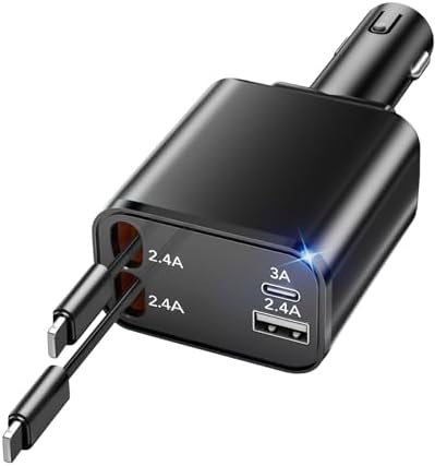 2025 Ultra-Compact 4-in-1 Retractable Car Charger – 69 W Fast Charging Adapter for i Phone 16, Galaxy and More – Innovative Space-Saving Design with Multiple Ports for Simultaneous Device Powering – Essential Car Accessory for Daily Commutes and Road Trips