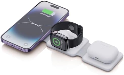Ultimate 3-in-1 Mag Safe Charging Station for Apple Devices – Efficient Travel Wireless Charger for i Phone 15/14/13/12, Air Pods & Apple Watch in Sleek White Design for Seamless Compatibility and Fast Charging Experience