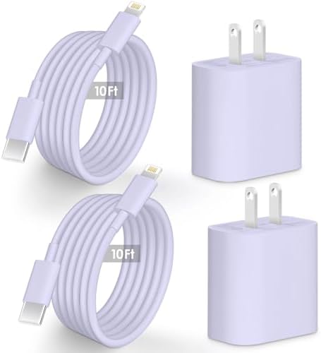 20 W USB-C Wall Charger Duo with 10 ft Lightning Cable – Fast Charge Your i Phone 14/13/12/11/X/8/Pro/Max & Air Pods in Style – Sleek Purple Design for Ultimate Convenience and Extended Reach