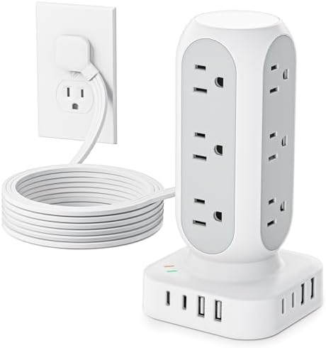Revolutionize Your Charging Setup with the Flat Plug Power Strip Tower – 10 FT Extension Cord, 40 W Fast Charging Station Featuring 12 AC Outlets and 8 USB Ports (4 USB-C) for Ultimate Device Connectivity and Safety in Home, Office, or Dorm Room