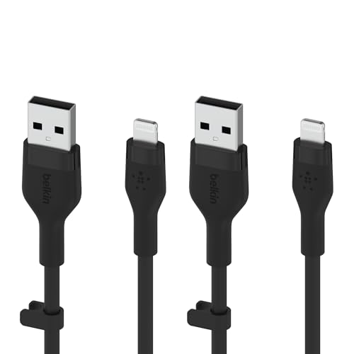 Belkin Boost Charge Flex Silicone USB Type A to Lightning Cable 2-Pack (3.3 FT) – MFi Certified Durable Charging Solution for i Phone 13, 12, 11, Pro, Max, Mini, SE, i Pad – Enhanced Flexibility and Fast Charging Performance in Sleek Black Finish
