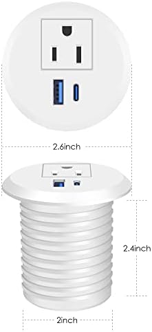 Revolutionize Your Workspace with the 2-Inch Desk Power Grommet Featuring PD 20 W USB-C Fast Charging, Ultra-Flat Plug Design, and Recessed Outlet for Seamless Cable Management – Perfect for Home or Office Use with 6 ft Power Cable (White)