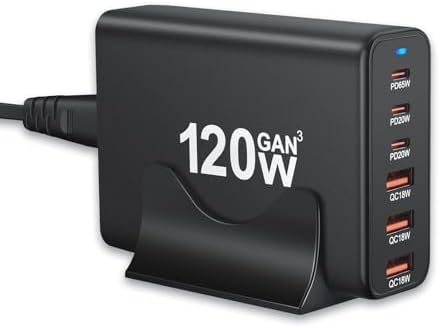 Ultra-Fast 120 W Ga N III 6-Port USB-C Charging Hub – Versatile Wall Power Adapter with 3 USB-C & 3 USB-A Ports for Seamless Charging of Mac Book Pro/Air, i Phone 15/14/13/12/11, and Galaxy S24/S23/S22 – Compact, Lightweight Design for Home, Office, and Travel Efficiency