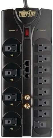 Tripp Lite 12-Outlet Surge Protector Power Strip with 8 ft Cord and Right-Angle Plug – Advanced Protection for Modems, Telephones, Coaxial & Ethernet Devices – $250,000 Equipment Insurance Included – Optimize Your Workspace with Reliable Surge Defense and Enhanced Connectivity Solutions