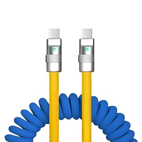 Experience Unmatched Performance with the 120 W High-Speed USB Type C Fast Charger Cable – 3 ft Stylish Spring Design in Vibrant Blue & Yellow, Perfect for Galaxy, i Phone, Note, Tablets & More – Durable, Tangle-Resistant for Ultimate Convenience and Enhanced Compatibility
