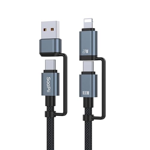SOOPII 100 W 6.6 FT 4-in-1 Multi-USB C Charging Cable – Fast Charging Solution with USB-C, USB-A, and Lightning Connectors – Durable Nylon Braided Design for Phones, Tablets, and Laptops – Ultimate Versatility for Home and Travel