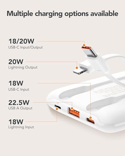 Ultra-Slim 10,000 m Ah Mini Power Bank with Built-in Cables – 22.5 W Fast Charging USB-C Battery Pack for i Phone 16/15/14 and Samsung Galaxy 24/23 – Essential Travel Charger for On-the-Go Power Needs