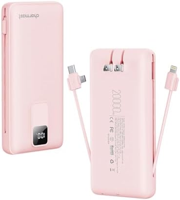 Charmast Ultra-Fast 20000 m Ah Portable Charger with Integrated Cables and Wall Plug – Universal Compatibility for i Phone 16/15/14/13, Samsung, Google, i Pad – Sleek Design, Rapid 20 W USB-C Power Delivery for On-the-Go Charging Solutions