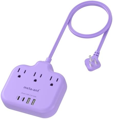 Stylish Brown Travel Power Strip with 5 Ft Cord – Compact Extension Solution Featuring 3 AC Outlets & 4 USB Ports (2 USB-C) for Rapid Charging – Ideal Desk Accessory for Tan Wood and Walnut Grain Décor – Maximize Functionality & Aesthetics in Any Space