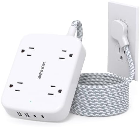 10 FT BESHON Surge Protector Power Strip with 4 Outlets & 4 USB Ports – Flat Extension Cord with 2 USB-C for Fast Charging – Space-Saving Flat Plug Design – 900 Joules Surge Protection for Home, Office & Dorm Room Essentials – Ultimate Power Management Solution