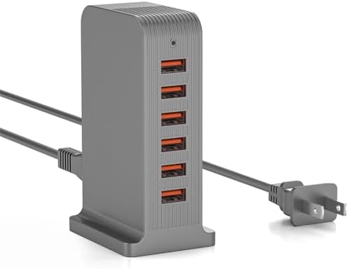 VPSUN 6-Port USB Charging Station – 50 W Rapid Multi-Device Charger for i Phone 15/14 Pro, Androids & Tablets – Space-Saving Tower Design for Home & Office – Smart Power Distribution for Optimal Charging Efficiency